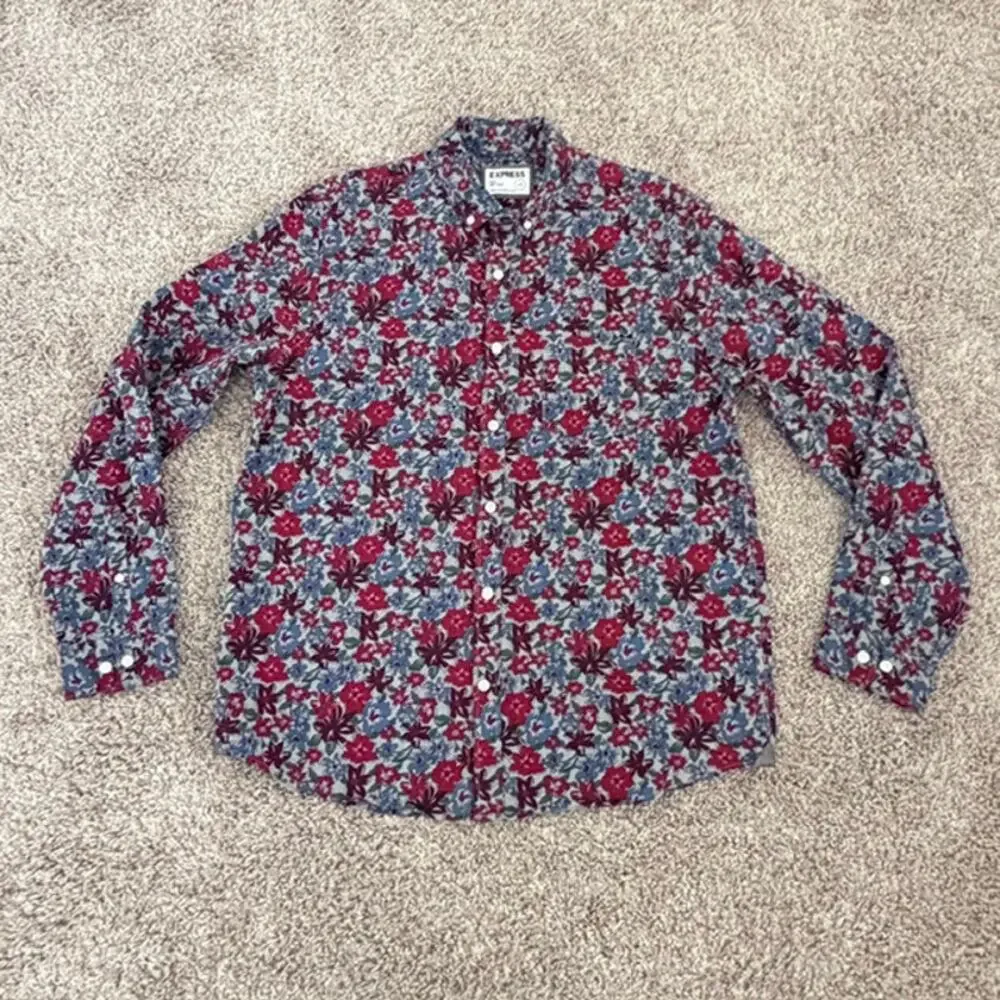 Express Slim Soft Wash Button-Down Shirt Men's Large Floral 100% Cotton